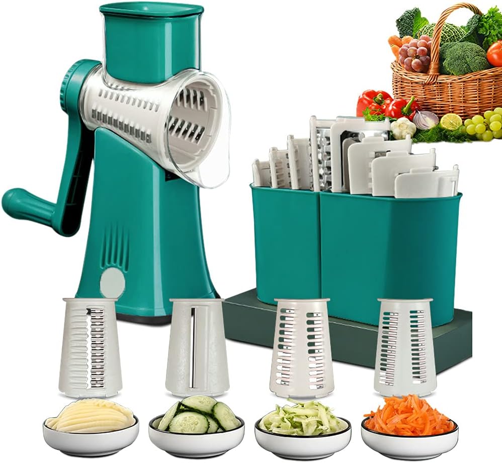 Shining star Graters for Kitchen,Cheese Grater Efficient Vegetable Slicer with 5 Interchangeable Round Stainless Steel Blades,Easy to Clean Rotary Cheese Grater for Fruit,Vegetables,Nuts