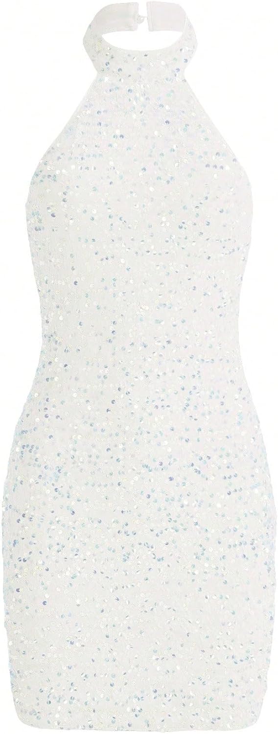 WDIRARA Women's Sequin Halter Neck Glitter Backless Sleeveless Ruched Contrast Bodycon Pencil Mini Dress Small White