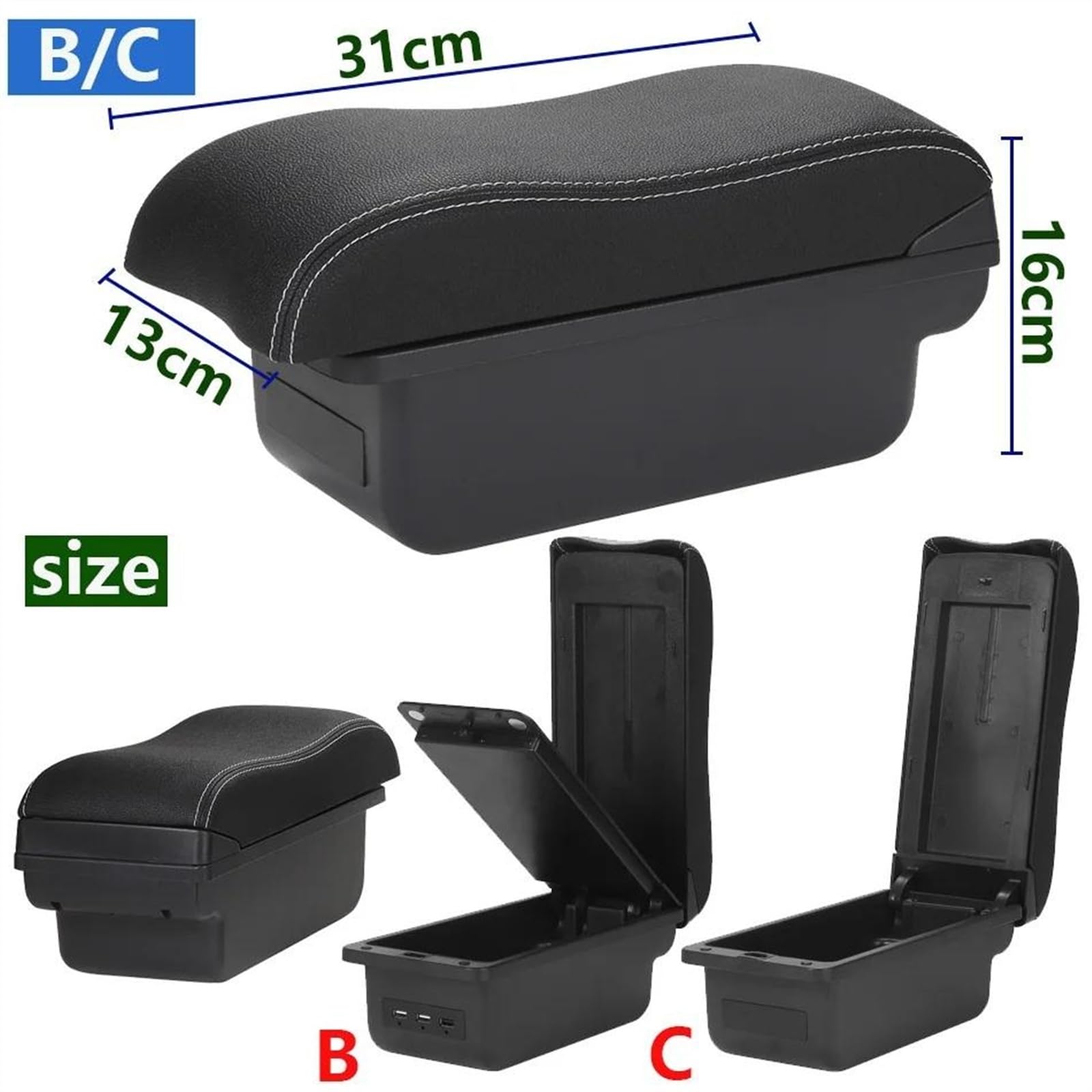 Box Bracciolo Con Supporto Multifunzionale Accessori Per La Modifica Degli Interni Dell'auto Imbottiti In PU Per Peugeot 208 2012-2018 Consolle centrale(C3 Black white NOUSB)