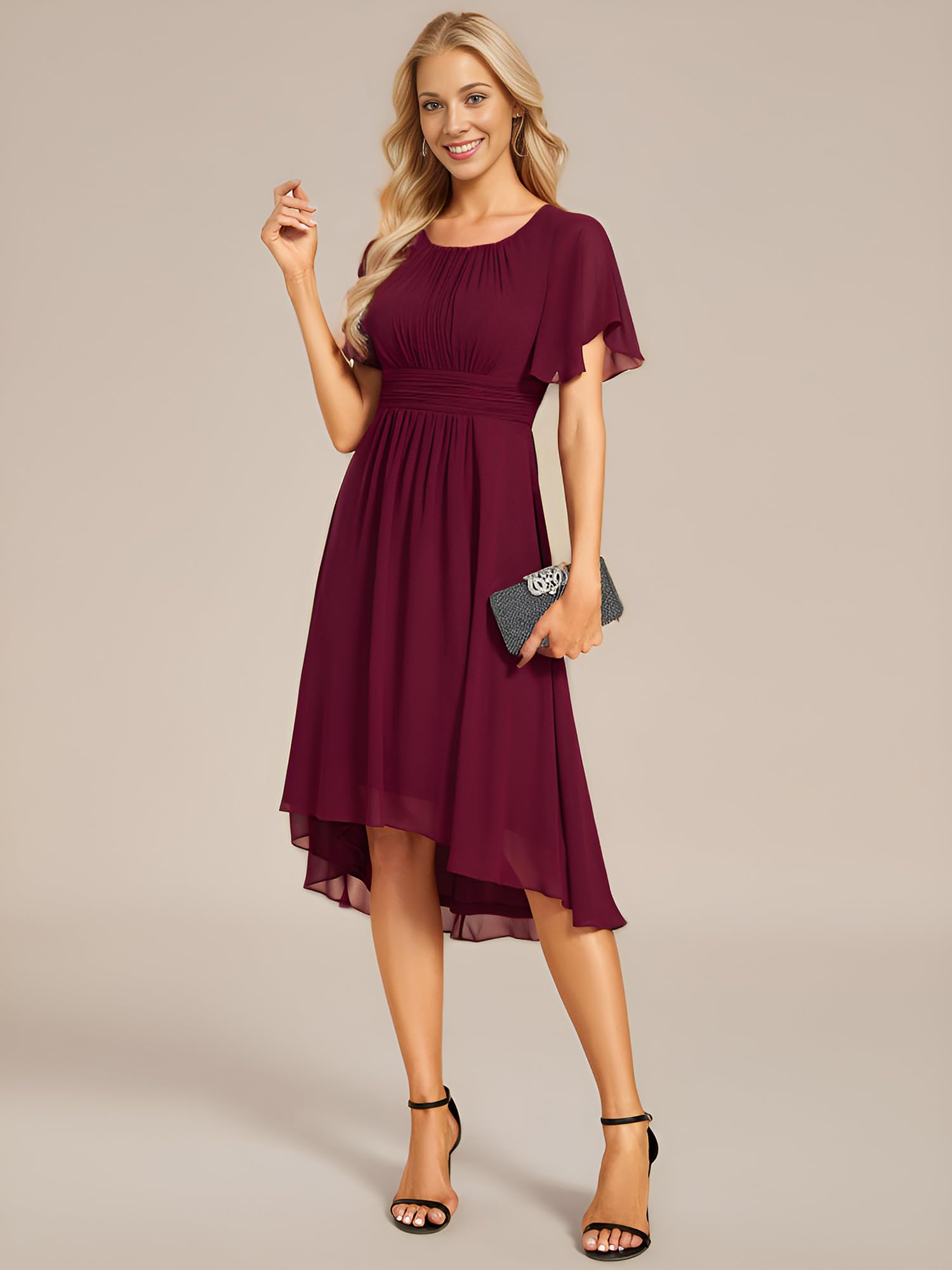 Ever-Pretty Cocktailkleid Elegant mit Rundhals Chiffon Abendkleid Kurz für Hochzeit als Gast Abschlussball Abendfeier EG02053-CO