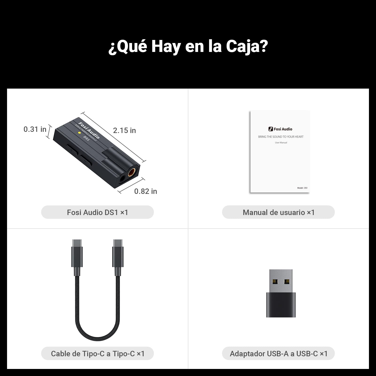 Fosi Audio DS1 DSD512 HiFi USB C DAC ES9038Q2M Mini Amplificador de Auriculares de Audio 32bit/768kHz con Salidas Duales de 3,5MM y 4,4MM Compatible con Smartphones/Portátiles/PC