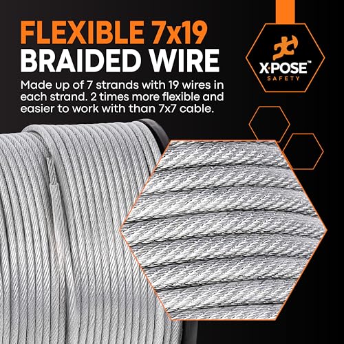 Image of Xpose Safety 7x7 Vinyl-Coated Galvanized Steel Aircraft Cable - 250 ft Wire for Pulley Systems, Winches, Marine & Boat Wire, Deck Railing, Cable Railing, Fencing, DIY Projects