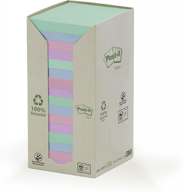 Post-it Recycled Notes - green,blue,purple,pink Pack Of 16 Pads, 100 Sheets Per Pad, 76 mm x 76 mm