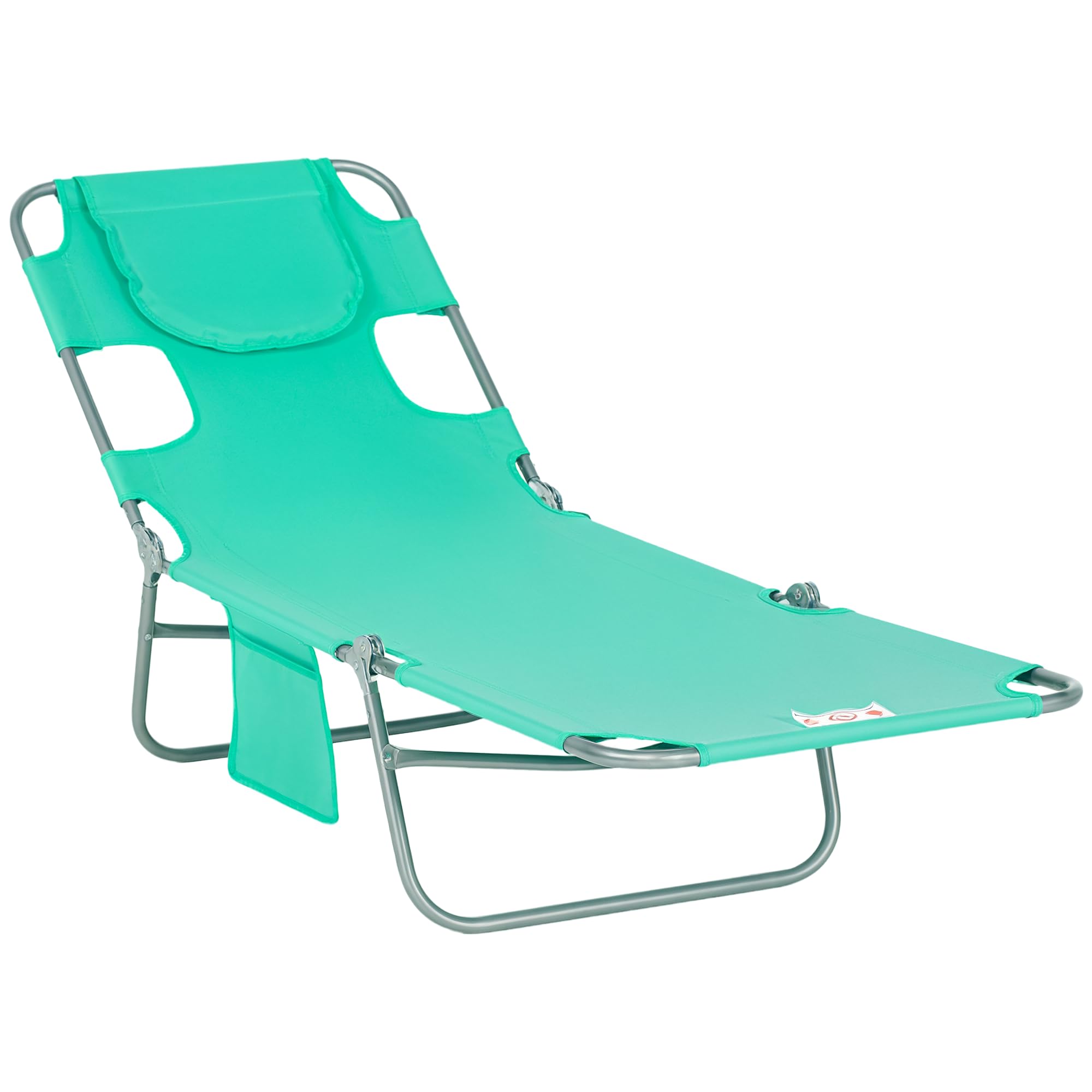 Outsunny Foldable Sun Lounger, Beach Chaise Lounge with Reading Hole, Arm Slots, 5-Position Adjustable Backrest, Side Pocket, Pillow for Garden, Beach, Pool, Green