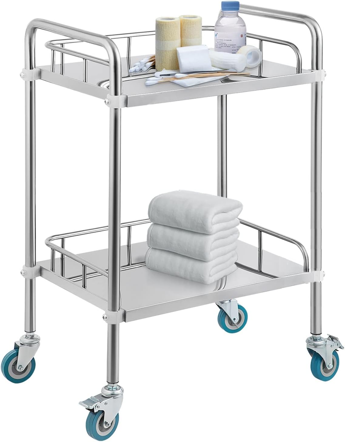 2 Layers Cart Trolley, Household Utility Cart,Stainless Steel Rolling Cart, Lab Mobile Rolling Serving Cart,Multifunction Storage Cart with Silent Locking Wheels,for Hote