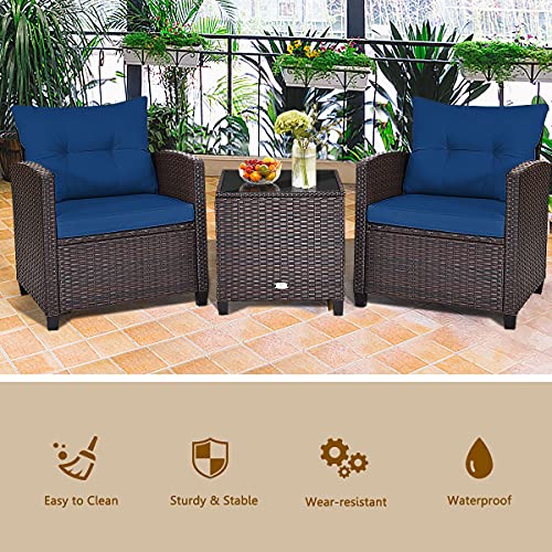 RELAX4LIFE 3 Piece Patio Furniture Set, Wicker Bistro Conversation Set w/ 2 Cushioned Armchairs & Glass Topped Table, Outdoor Rattan Sofa Set Patio Furniture for Porch Balcony Poolside (Navy Blue)