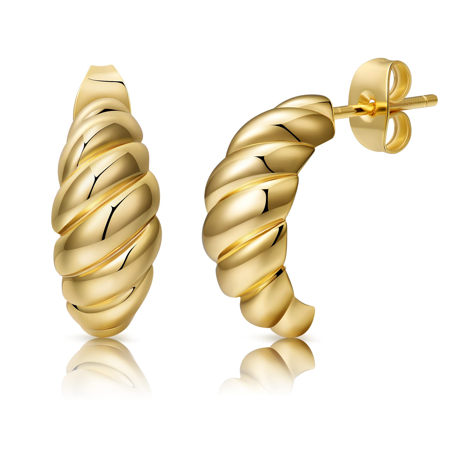 14K Gold Plated Croissant Earrings, Twisted Round Hoop Earrings Chunky Hoop Earrings 925 Sterling Silver Post Earrings Huggies with CZ for Women Mother's Day Gift