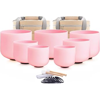 Hye-eun Crystal Singing Bowls 432 Hz Pink Quartz Crystal Singing Bowl Set 7-12 Inch 7 Pieces Crystal Singing Bowl for Yoga Meditation Sound Healing with Carry Bag