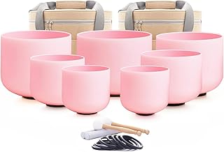 Hye-eun Pink Crystal Singing Bowls Set, 432hz Quartz Frosted Sound Bowl set of 7pcs with Carrying Case for Yoga Sound Healing Instruments