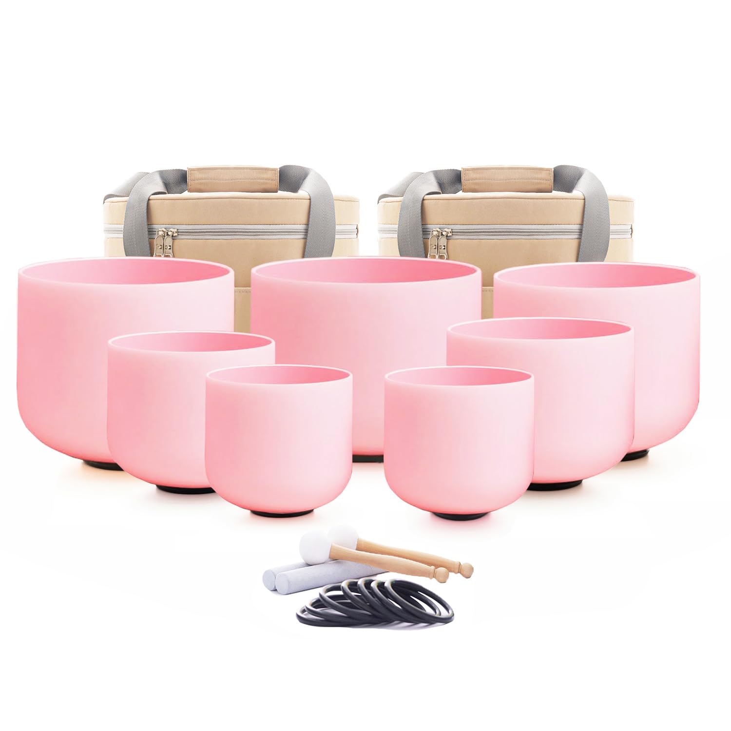 Hye-eun Pink Crystal Singing Bowls Set, 432hz Quartz Frosted Sound Bowl set of 7pcs with Carrying Case for Yoga Sound Healing Instruments