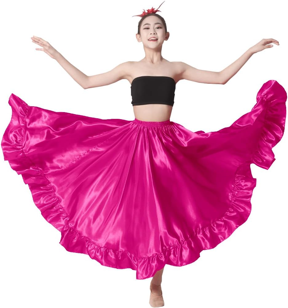 SANCAN Mexican Folklorico Dance Skirt for Girls (Height 4'6" to 5'1") | Long, Ankle-Length, Ruffle Style, Practice Performance