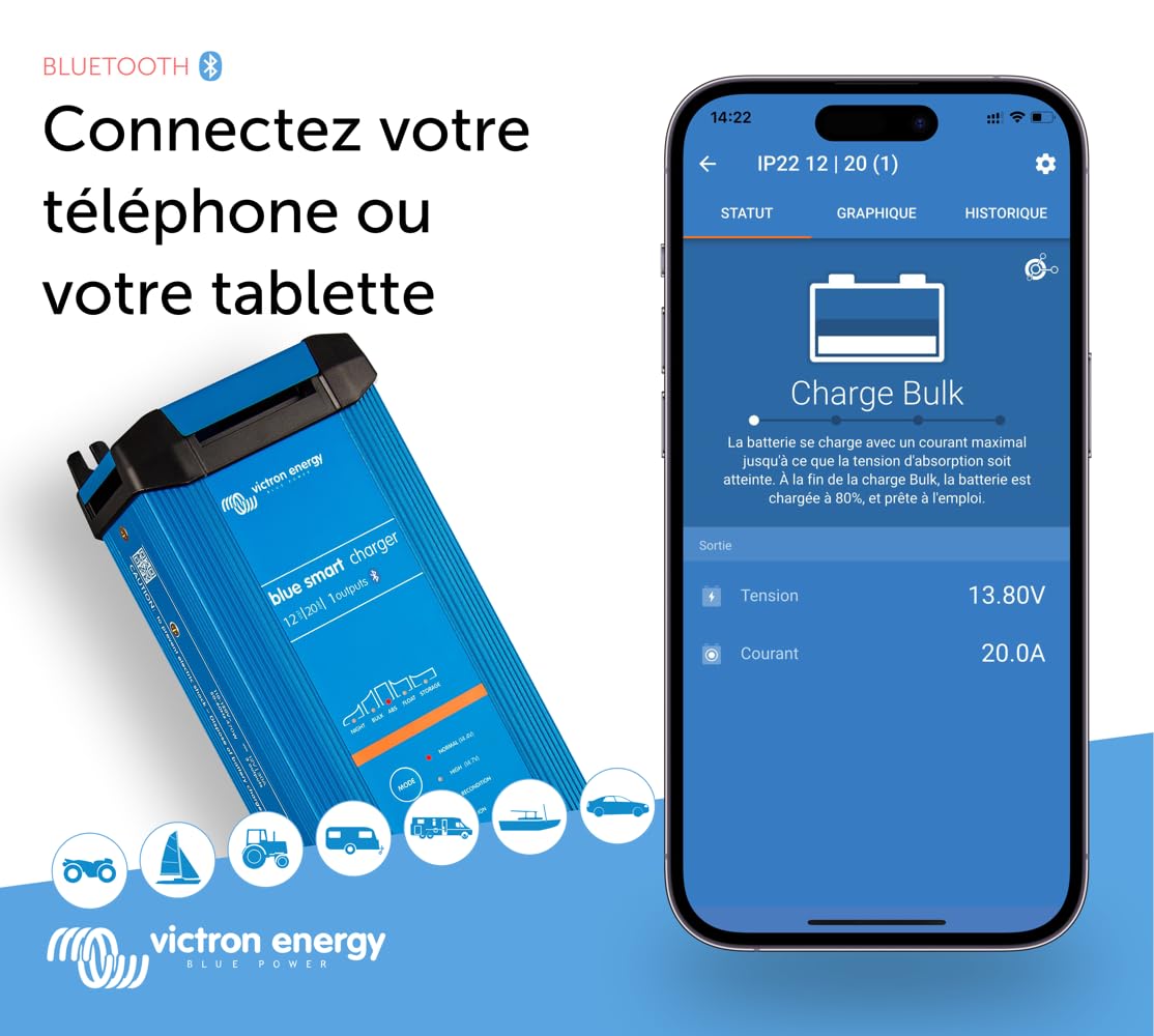Victron Energy Blue Smart IP22 Chargeur de Batterie Sortie monophasée 12 Volts 20 amp 230 V, CEE 7/7, Bluetooth