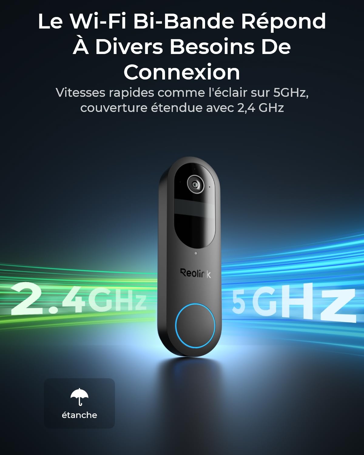 Reolink Caméra Sonnette 2K sans Fil avec Batterie, Wi-FI 2.4/5GHz, Vue tête-Pieds 1:1, détection des Personnes/véhicules/Colis, Pas de Frais mensuels, Audio bidirectionnel, Video Doorbell (Batterie)
