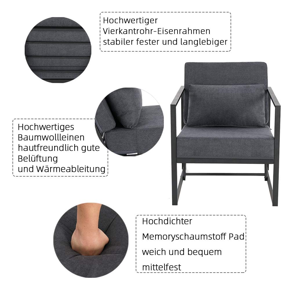 Mingone Sessel Wohnzimmer Design Loungesessel Dunkelgrau Cocktailsessel Polstersessel Einzelsofa Vintage Retro ohne Hocker Einzelsessel mit Leinenstoff,60 x 72 x 72cm