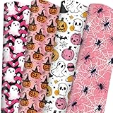 Adurself Halloween Wrapping Paper - 28 x 40 Pink Ghost Pumpkin Spiderweb Assorted Design, Folded Flat Gift Wrap Paper - 6 Jumbo Sheets for Halloween Birthday Holiday Trick or Treat Party Gift Bags Favors