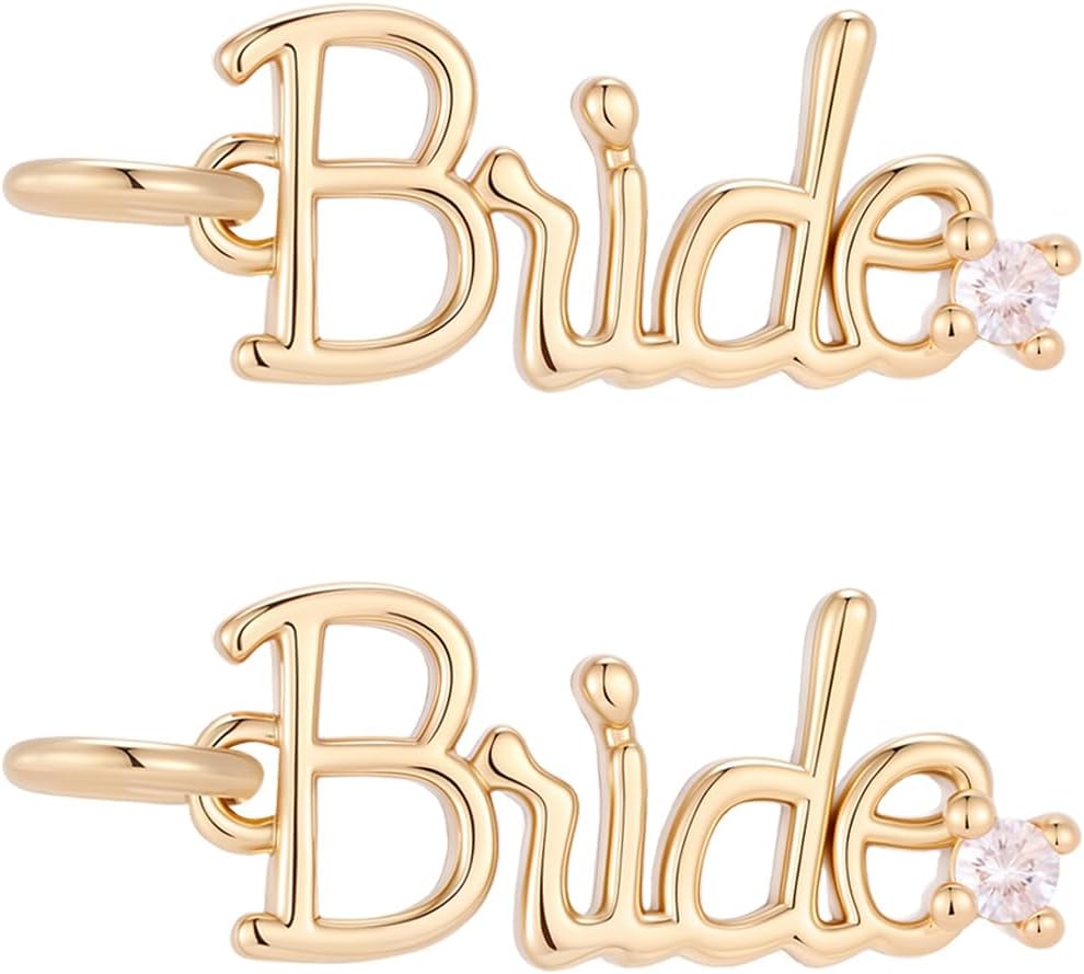 Beebeecraft 1 Box 8Pcs Bride Charms for Jewelry Making, 18K Gold Plated Brass Cubic Zirconia Bride Pendants Lucky Wedding Word Letter Charms for Necklace Bracelets Earring DIY Craft