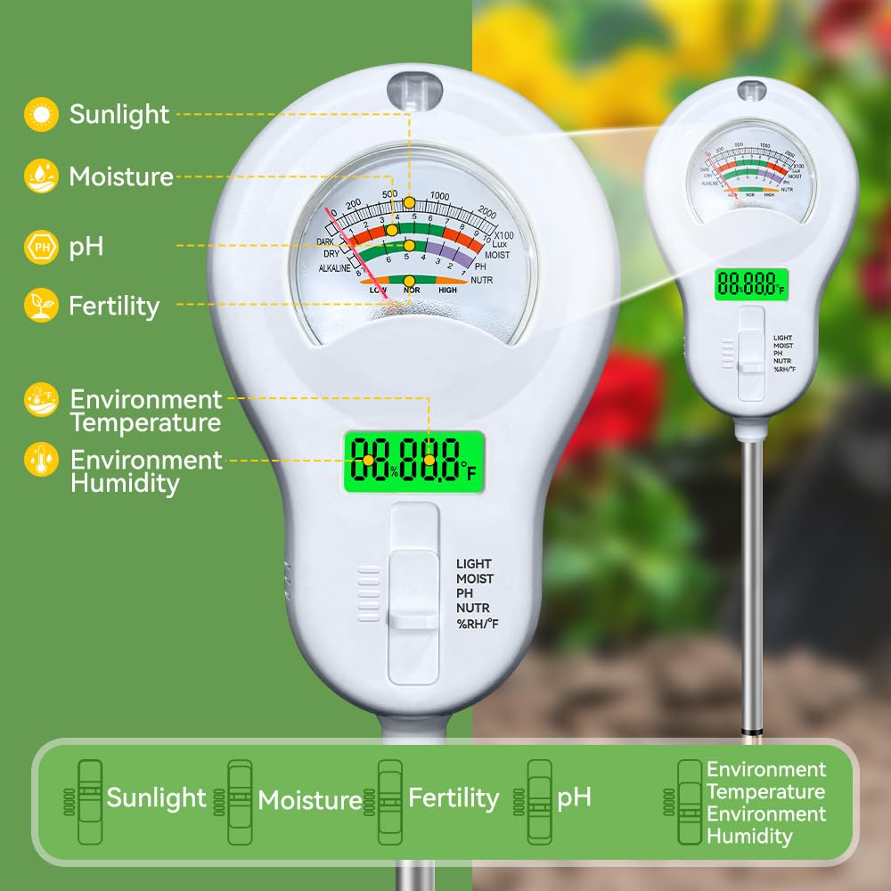 Soil Tester 6-in-1 Soil Moisture Meter Sunlight/Moisture/Fertility/PH/Environment Temperature/Environment Humidity,Backlight LCD Display for Gardener,Lawn, Farming,Plant Care,Potting Soil Growing