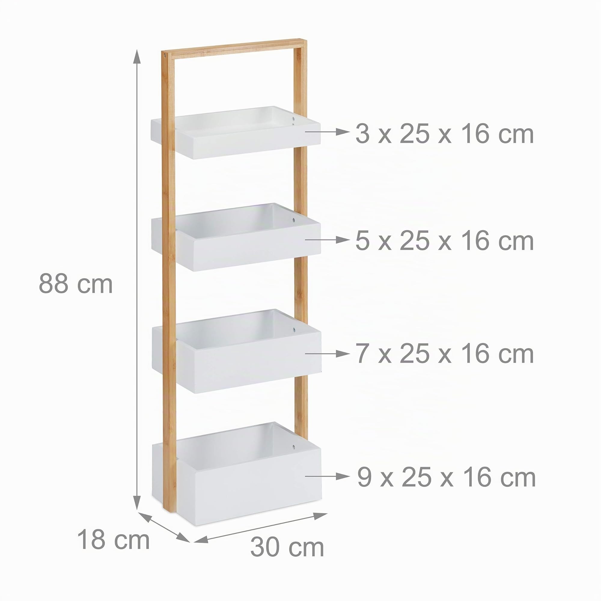 Relaxdays Scaffale da Bagno, 4 Ripiani, Mobiletto in bambù & MDF, Mobile Stretto, HLP: 88 x 30 x 18 cm, Bianco Naturale