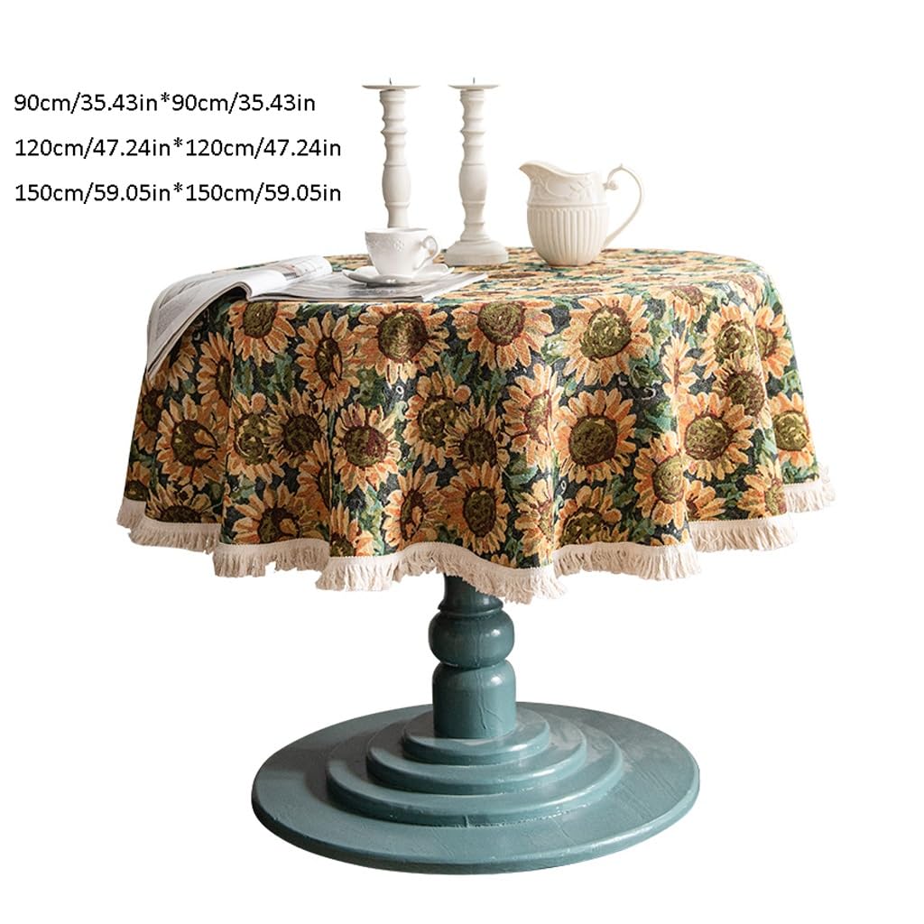 ARINAL Tela De Mesa Suave Mantel Redondo Retro, Mantel de Girasol, Mantel de Lino y algodón con borlas, Mueble de TV, Mantel de Mesa de café Cubierta De Mesa De Tela (Color : A, Size : 150x150cm)
