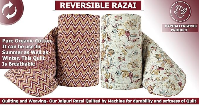 Image of SANMARINO Jaipuri Razai Single Bed Reversible Cotton Quilt | Traditional Ethnic Floral Print Dohar | Lightweight AC Comforter with Pure Cotton Filling | All-Season Blanket (Deep Maroon)