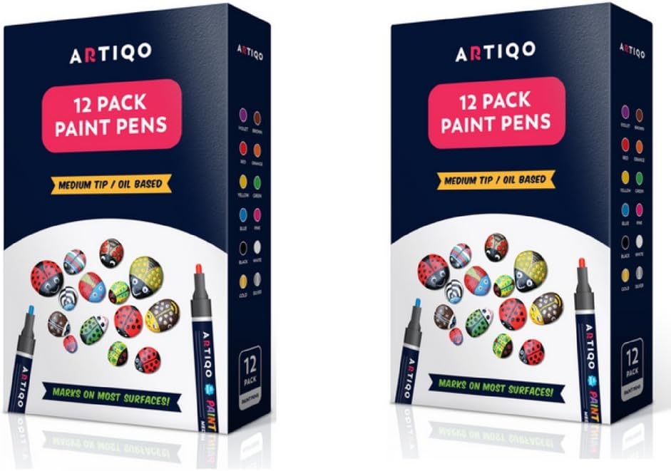 Paint Pen Markers Pack of 2 - Wood, Glass, Metal and Ceramic Works on Almost All Surfaces Set of 12 Vibrant Medium tip Oil Paint Marker Pens