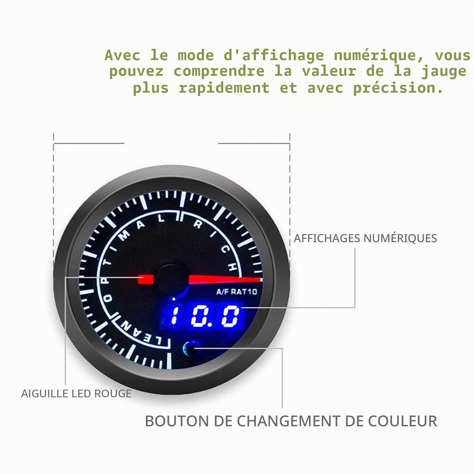 EBTOOLS Jauge de Rapport Air/Carburant AFR pour Voiture - 2.5in 12V avec Pointeur d'Affichage et Réglage d'Avertissement