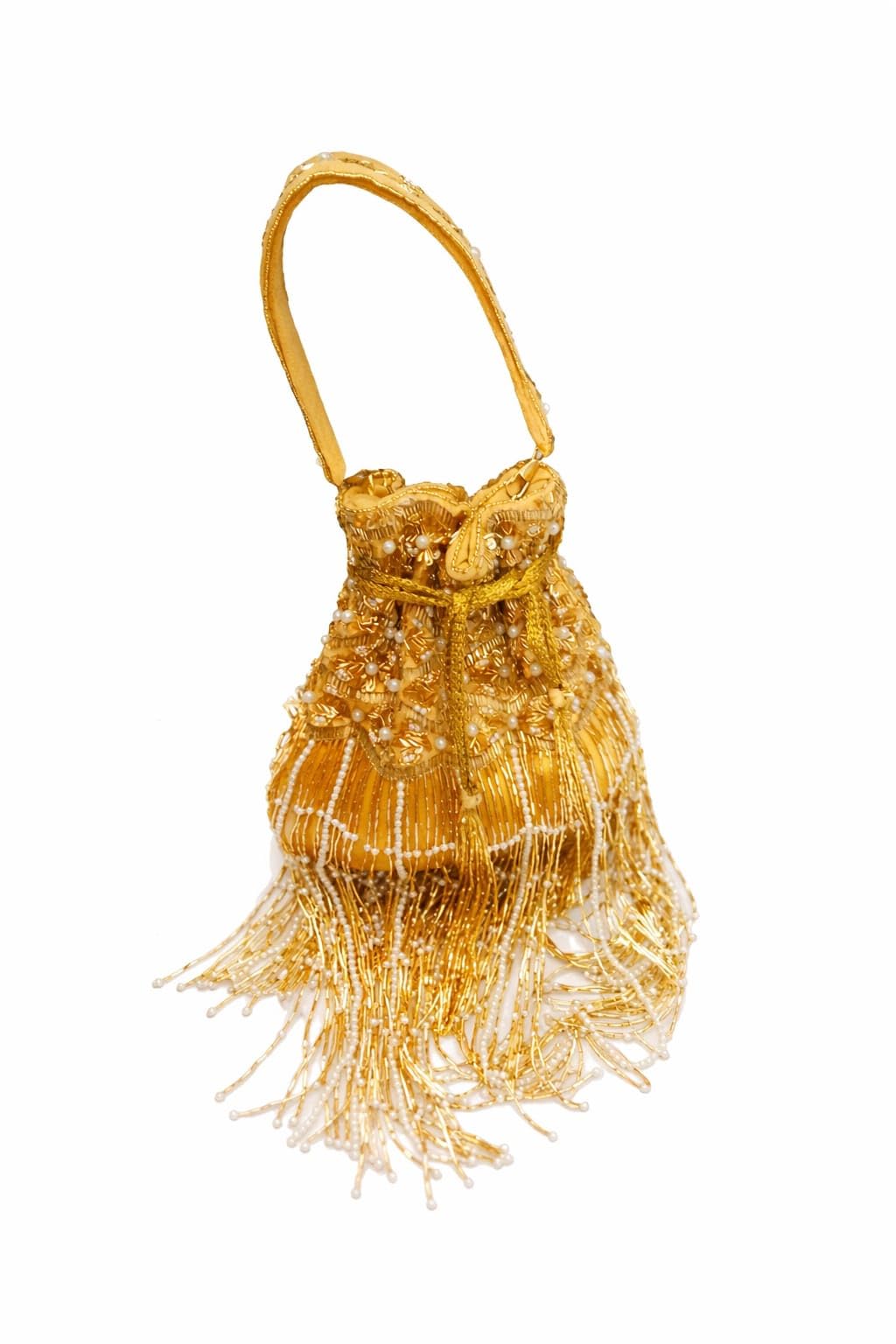 Gold Embroidered Potli Bag with Beaded Fringe, Drawstring Closure, Bridal Wedding Clutch-image-28