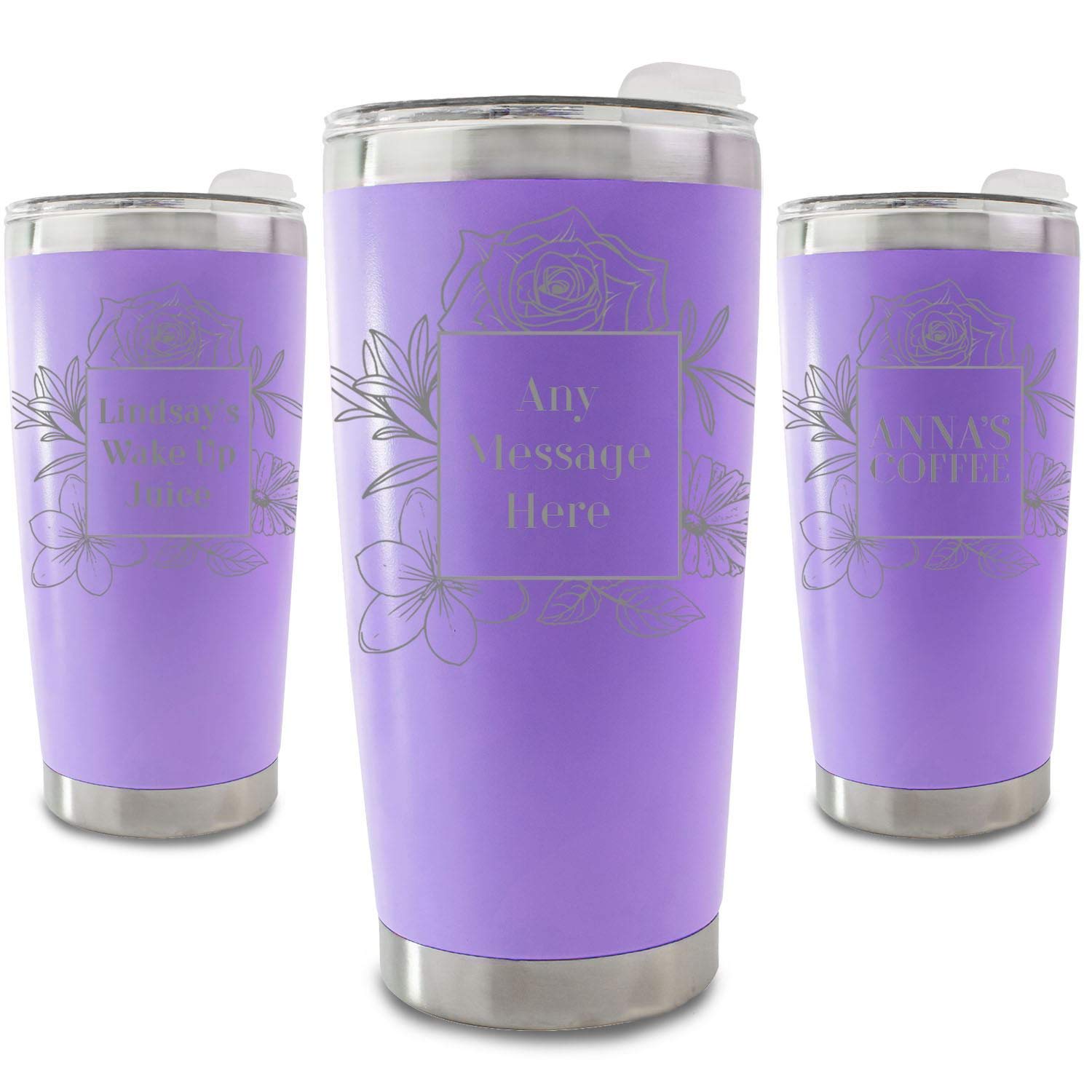Personalisierter, gravierter, violetter 500-ml-Reisebecher mit quadratischem Blumenmuster, personalisierbar mit einer beliebigen Nachricht oder einem Namen, inklusive Geschenkbox, lasergraviert
