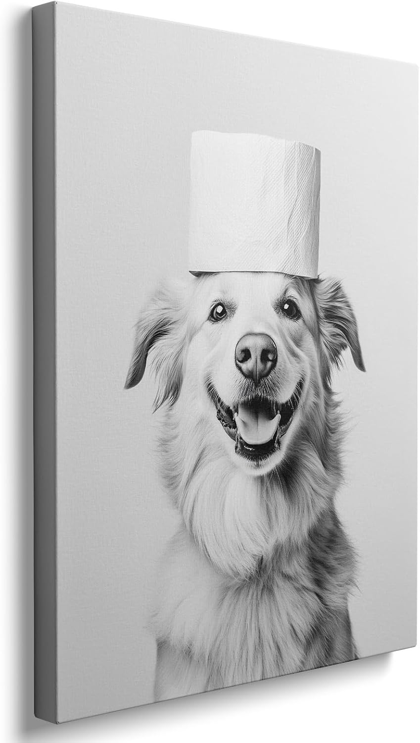 Ypxzzj Framed Black and White Bathroom Funny Dog Canvas Wall Art,Whimsical Animal Dog Pictures Posters for Wall Decor,Cute Print Paintings for Bathroom (Size 12x16 inch) dog 16"L x 12"W