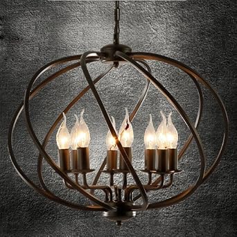 Industrial Adjustable Wrought Iron Vintage Retro Pendant Light - LITFAD 22" Edison Metal Globe Shade Hanging Ceiling Light Cage Chandelier Pendant Lamp Fixture Black Finish with 8 Lights, UL Listed