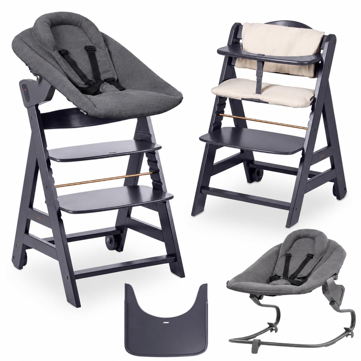 hauck Beta+ Highchair Newborn Set Premium Dark Grey – Highchair from Birth with Newborn Bouncer Attachment, Seat Cushion and Eating Tray – Dark Grey