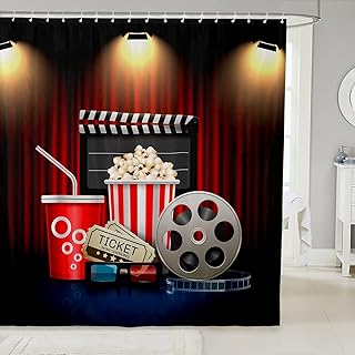 Homewish Vintage Cinema Ticket Shower Curtain Movie Theater Theme Bathroom Shower Curtain Set for Kids Adult Filmstrip Bath Curtain Popcorn Waterproof Curtains Room Decor 72 x 72 Inch - Buy now