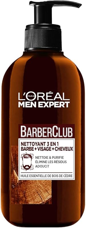 L'Oréal Men Expert BarberClub - Nettoyant 3 en 1 Barbe + Visage + Cheveux Homme - Usage Quotidien - À l'Huile Essentielle de Bois de Cèdre - Tous Types de Peaux - 200 ml