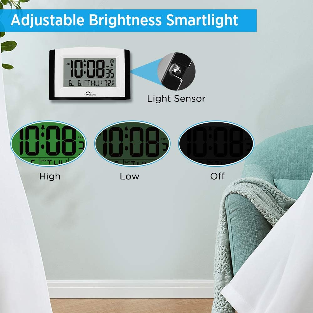 WallarGe Atomic Clock with Night Light,Digital Wall Clock or Desk Clock,7.6In Digital Alarm Clock,Battery Operated,Auto DST,Calendar,Temperature for Bedroom/Kitchen/Office. (with Backlight)