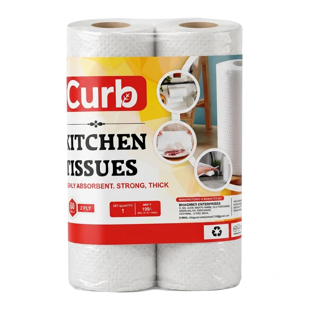 Curb 2 Ply Kitchen Tissue Rolls | 120 Pulls | 60 Kitchen Towels X 2 Rolls | Soft And Highly Absorbent | 100% Natural Virgin Cellulose Fiber-image-4