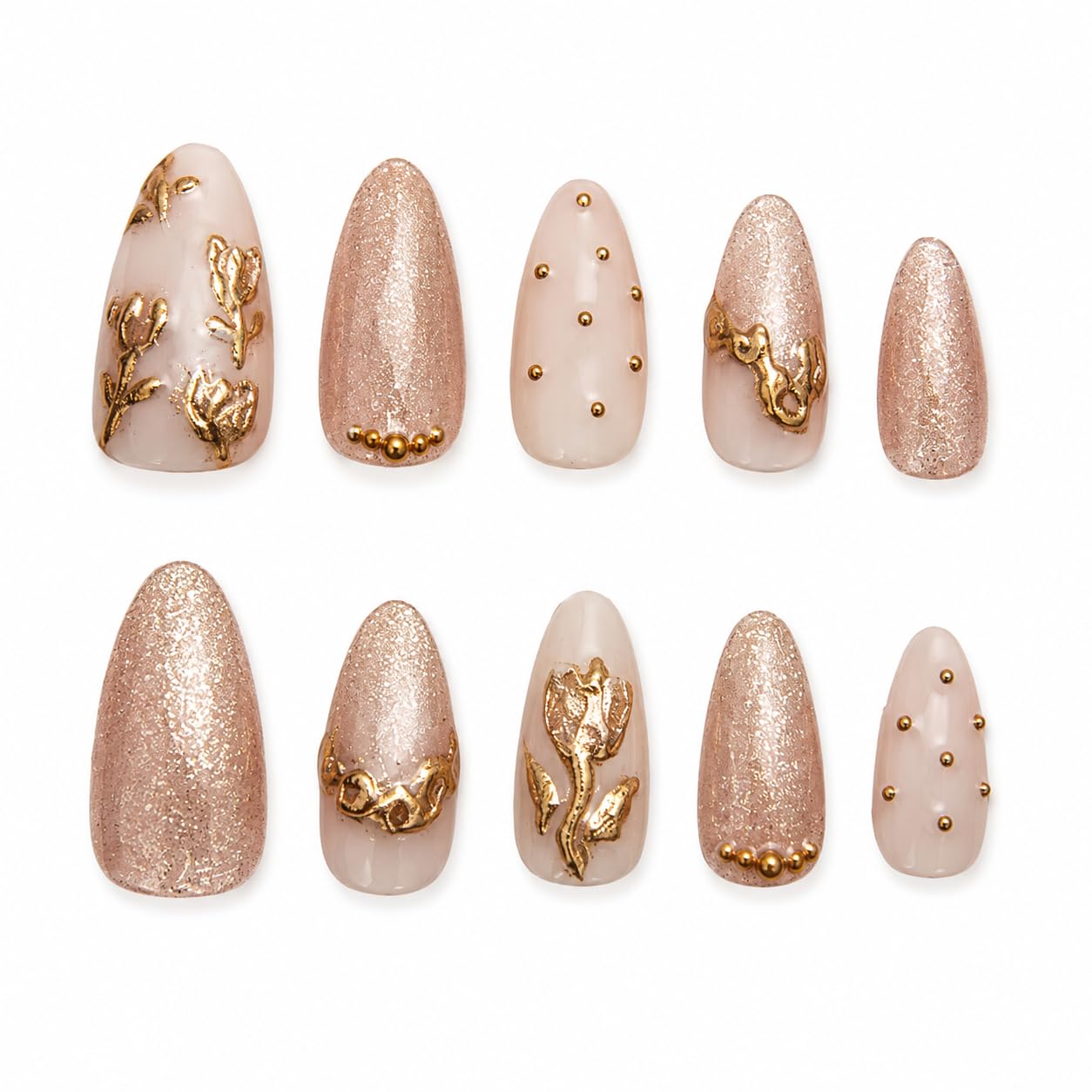 Handmade Reusable Press On Nails with Glue & Adhesive Tabs, Nude Pink Glitter Gold Floral 3D Design, Medium Almond Fake Nails, Glossy Full Cover Stick On Nails for Women-image-22