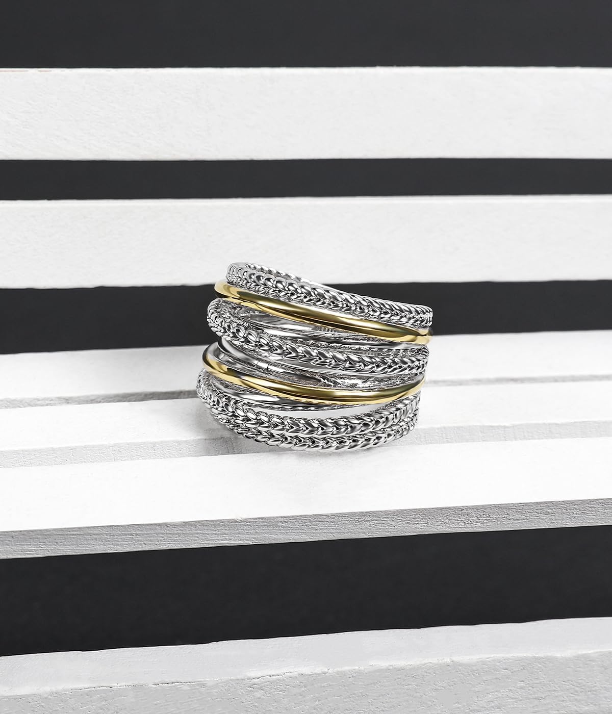 Designer Intertwined Band Ring 18K Gold Plated Twisted Cable Band Ring Two Tone Statement Jewelry for Women Gift - Image 6