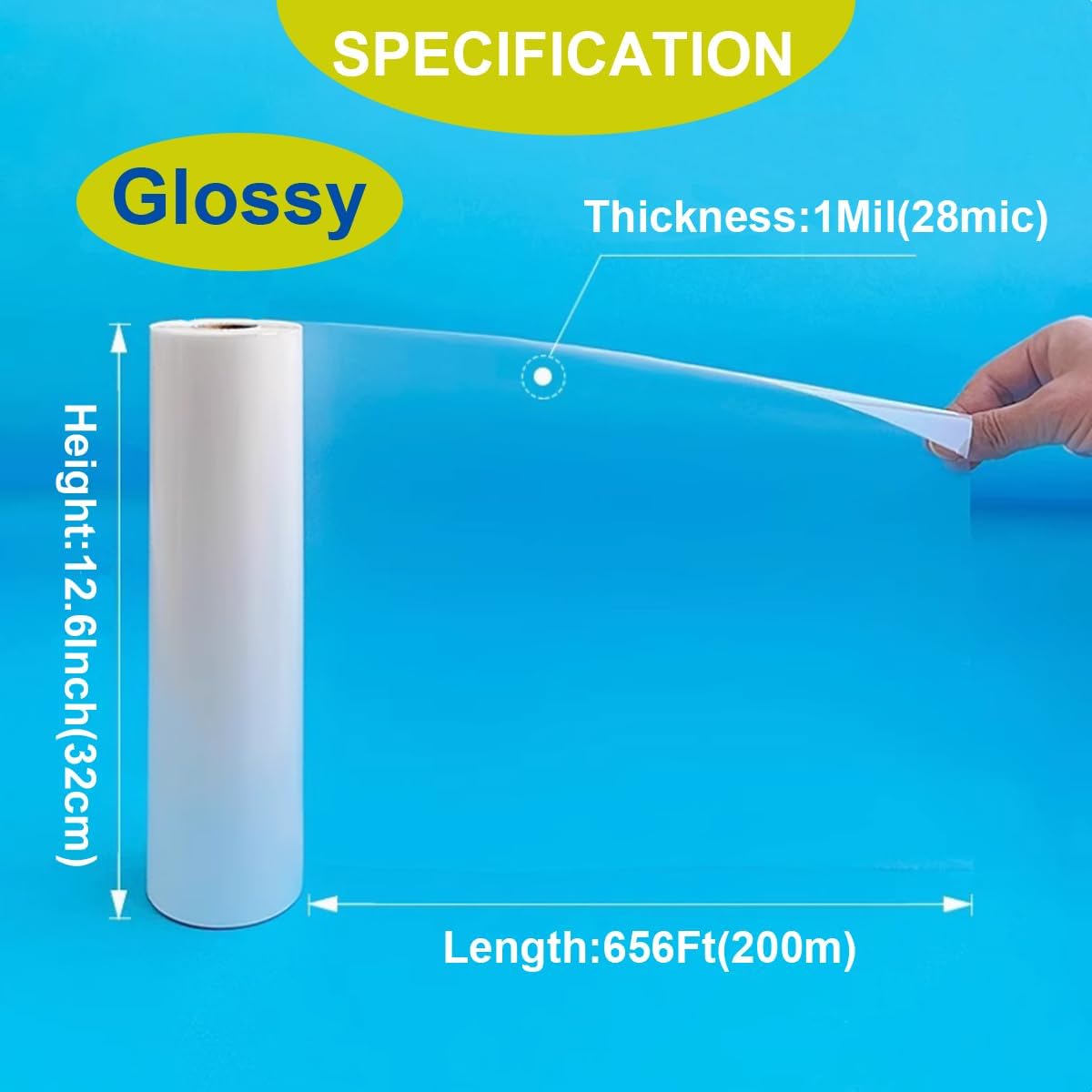 12.6Inchx656Ft Standard Glossy Thermal Laminating Film BOPP Thermal Film Hot Roll Laminating Film, 1Inch Core, 1Mil(28mic) Thickness Laminate Rolls