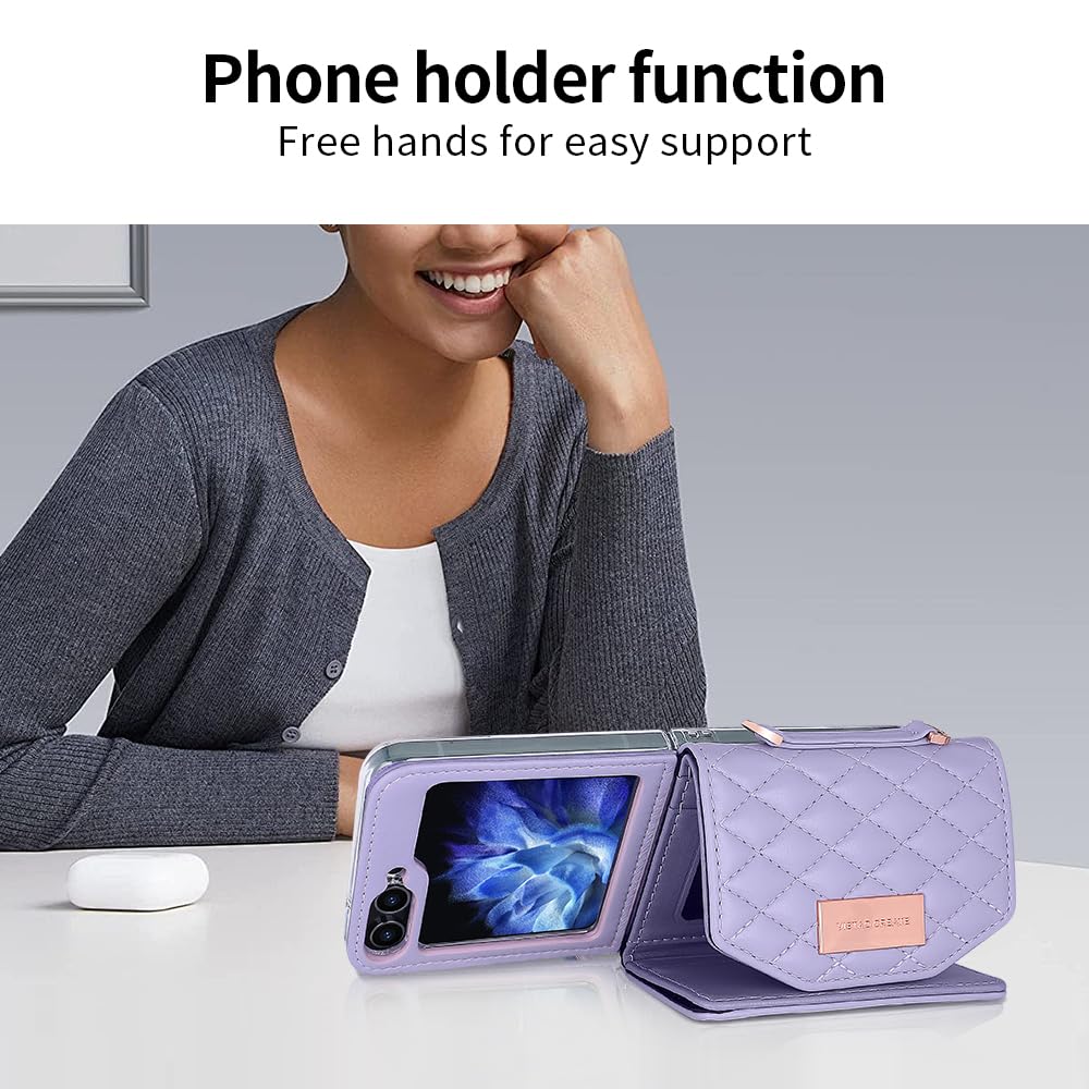 Etui portfelowe na telefon komórkowy Samsung Galaxy Z Flip 8 z wbudowaną skórzaną przegródką na gotówkę i uchwytem na karty kredytowe, regulowany pasek crossbody, ochrona zawiasów dla kobiet i