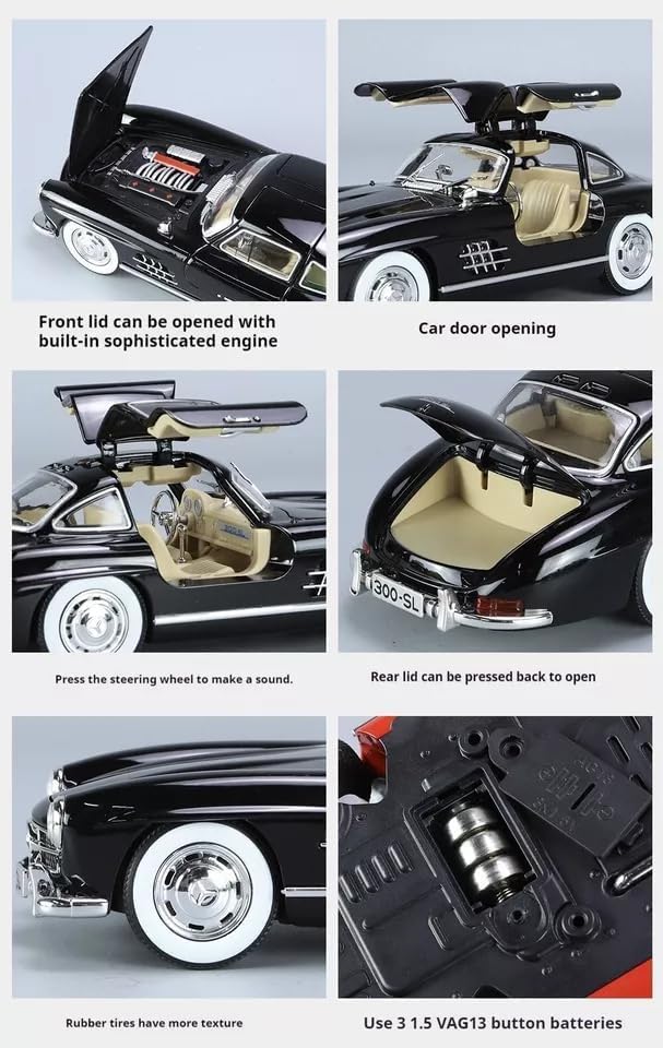 Image of 1:24 Scale Mercedes-Benz 300 SL Diecast Model Car | Classic Collectible with Openable Doors, Pull-Back Action, Light & Music, Rotatable Steering Wheel, Horn Sound