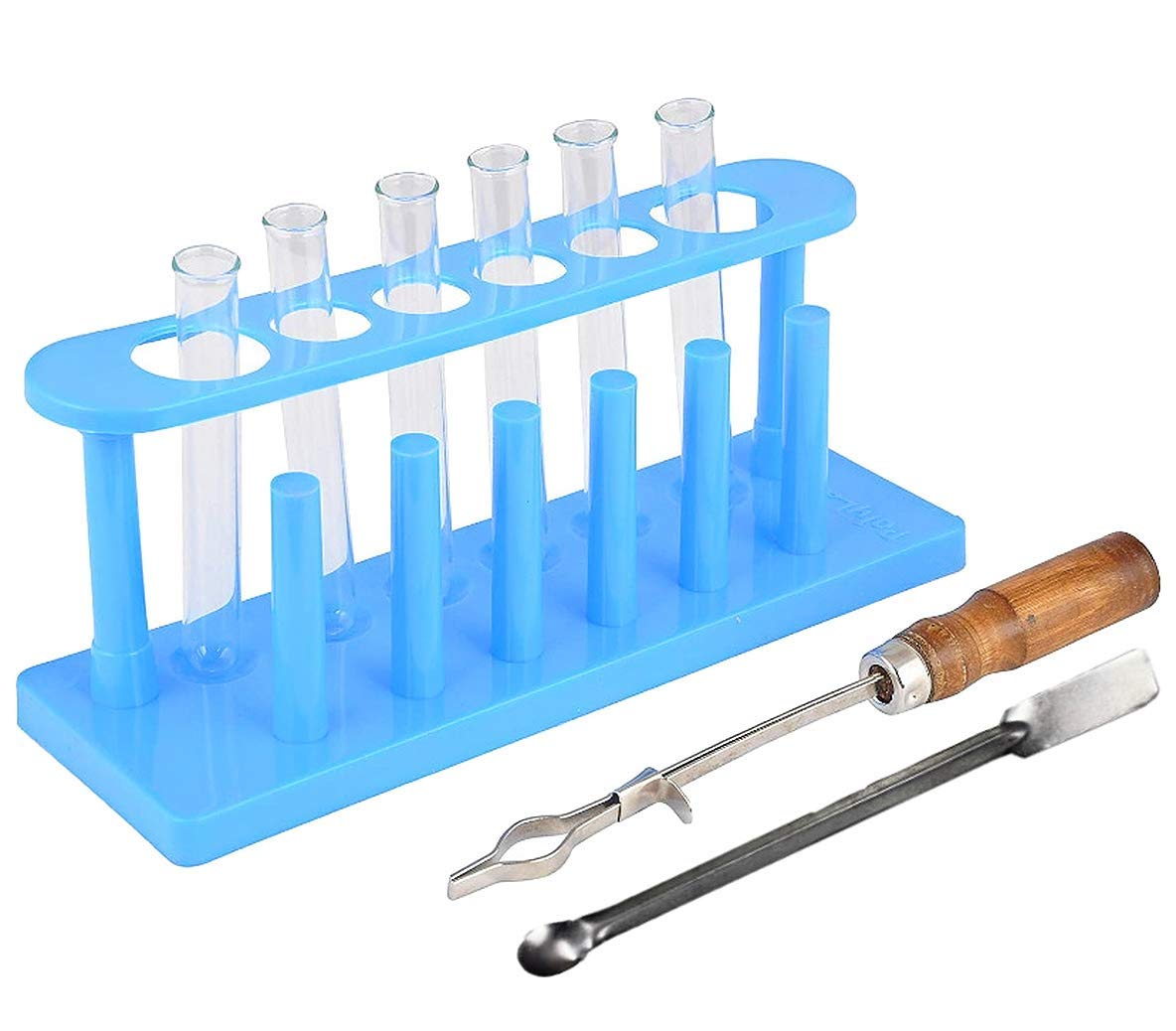 Sciencolab Borosilicate Glass Test Tube(6pcs),Plastic Test Tube Stand(White),Wooden Test Tube Holder and Spatula for pouring(Combo of 9) for lab use