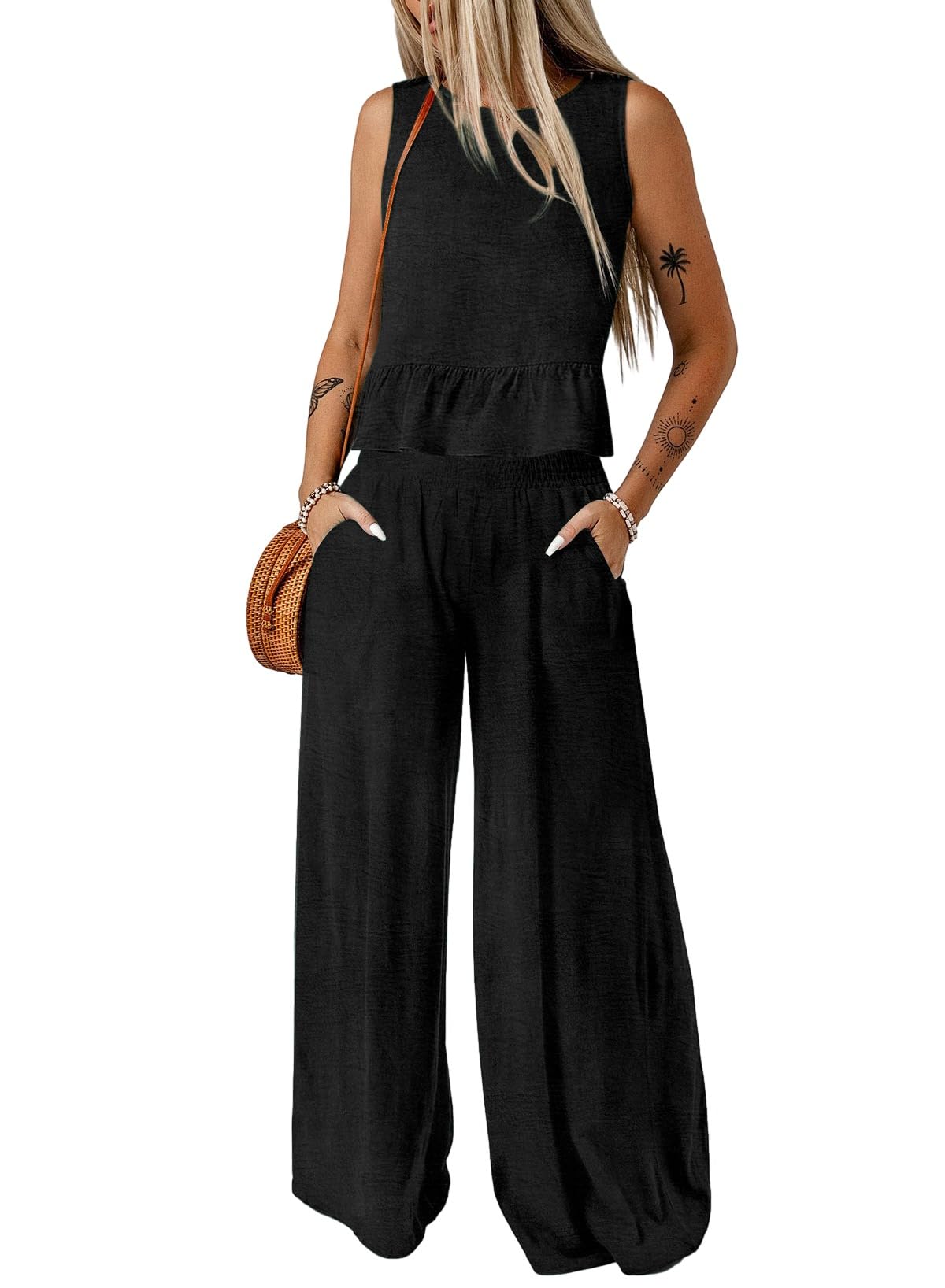 Dokotoo Pants Sets Women 2 Piece Outfits Sleeveless Round Neck Tank Tops Matching Sets for Women Elastic Waist Wide Leg