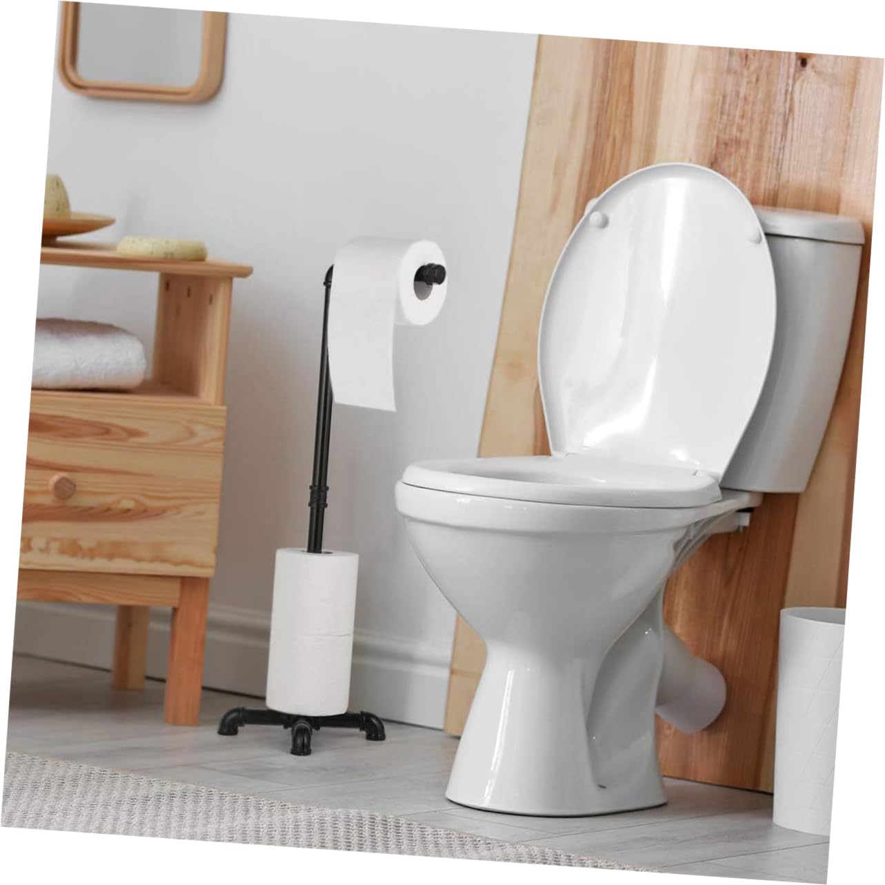 Portarotolo da Terra in Ferro Nero, Design Verticale Stile Vintage Industriale, per Bagno, Ampio Spazio di Appoggio e Facile Accesso alla Carta Igienica