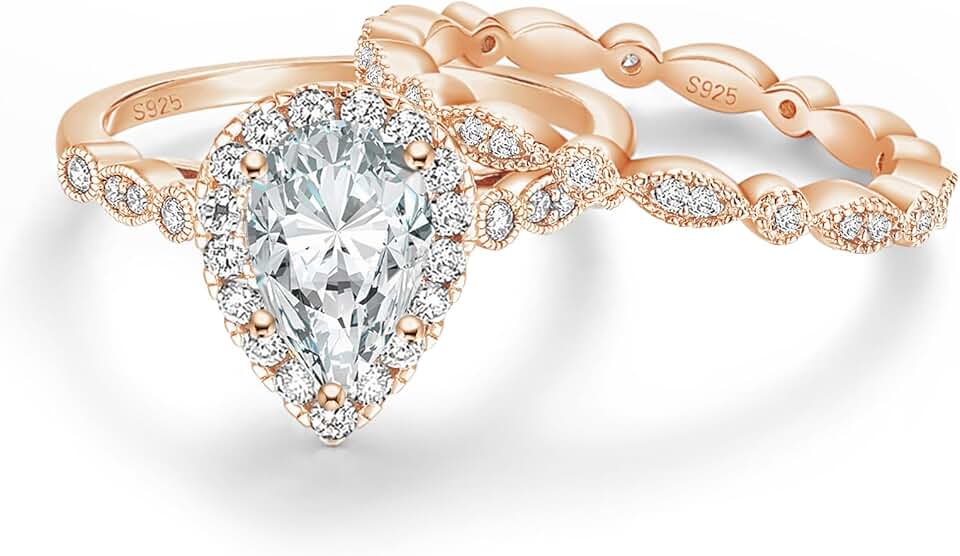 EAMTI 1.5CT 925 Sterling Silver Bridal Ring Sets 14K Gold Plated Teardrop CZ Engagement Vintage Pear Promise Rings Marquise Wedding Bands for Women Size 3-11