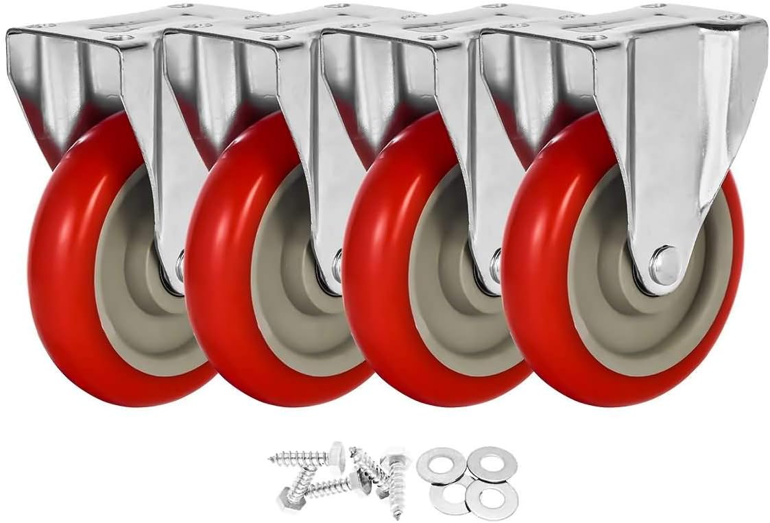 4 Pack 5" Caster Wheels On Red Polyurethane Wheels Top Plate Non Swivel Rigid Fixed Stationery with Hardware