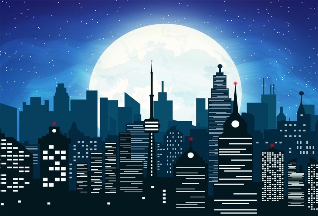 AOFOTO 10x7ft Abstract Modern Building Backdrop Super City Manor Moon Night Photography Background Kid Boy Man Artistic Portrait Cartoon Photo Shoot