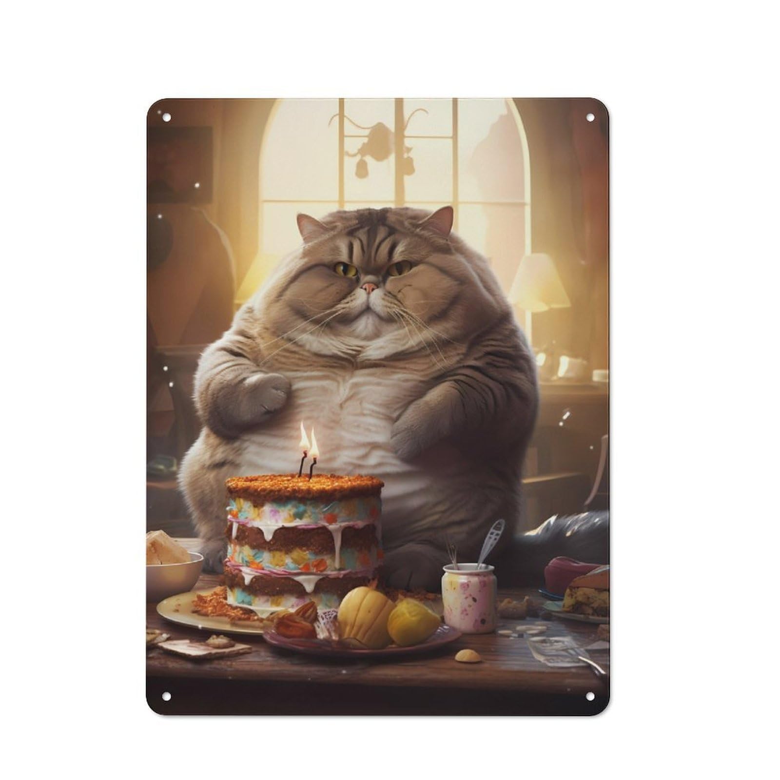 Junmoney Fat Cat Birthday Cake Food Metal Plaque 40X30cm With For Hallway Wall, Retro Decor, For Wall Display Collectors