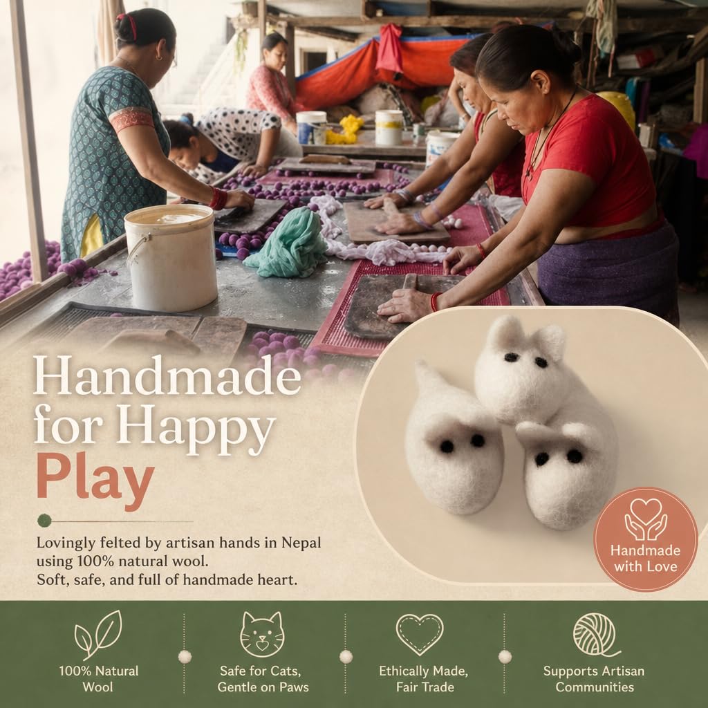 Juguetes de ratón para gatos, 3 ratones de lana de fieltro sin hierba gatera para gatos y gatitos de interior, ratones grandes hechos a mano, color blanco
