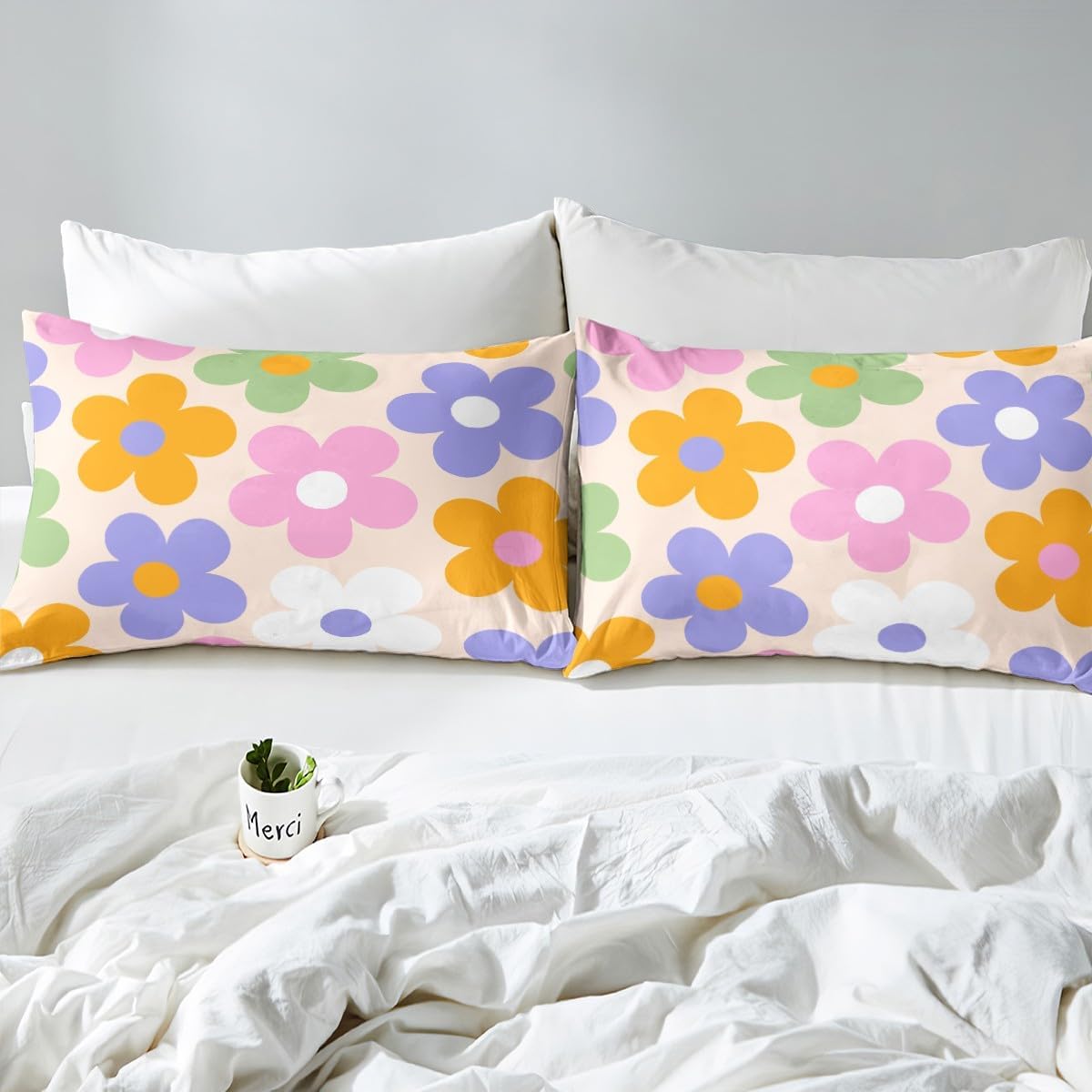 Erosebridal 60S 70S Groovy Floral Fitted Sheet Retro Blue Floral Bed Sheets Full Romantic Simple Aesthetic Bedding Set for Women Men Adults Cartoon Daisy Flowers Bed Cover 3 Pcs