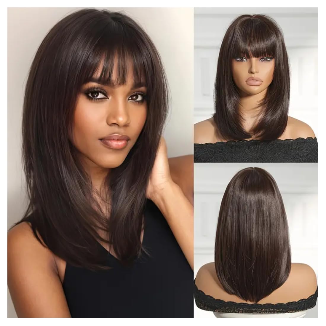 ASSU Hair Wig With Bangs | Straight Hair For Ladies | Suitable For Cosplay Fashion & Valentine'S Day Party With Wigcap 16 inch Black light Brown Mix-image-5